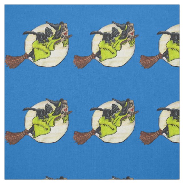 Funny Witch Flying on Broom with Black Cat Moon Fabric (Swatch)