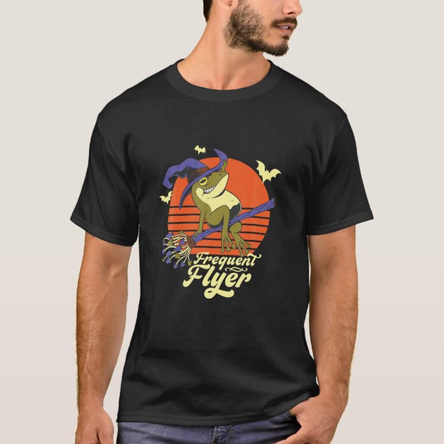 Funny Witch Frog Frequent Flyer Toad Riding Broom T-Shirt (Front)