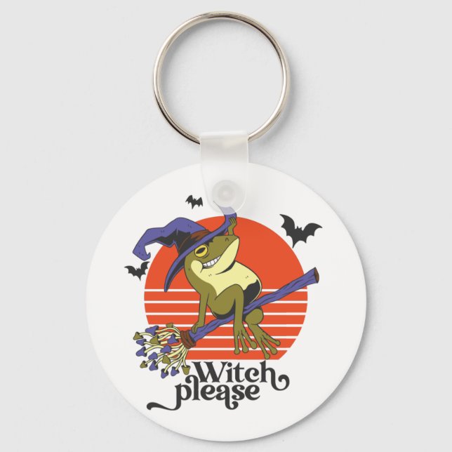 Funny Witch Frog Riding Broomstick Halloween Key Ring (Front)