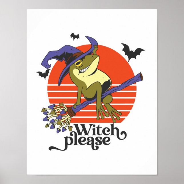 Funny Witch Frog Riding Broomstick Halloween Poster (Front)