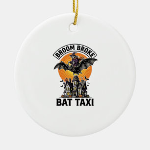 Funny Witch Halloween Broom Broke Bat Ride_1 Ceramic Tree Decoration
