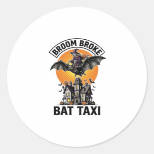 Funny Witch Halloween Broom Broke Bat Ride_1 Classic Round Sticker