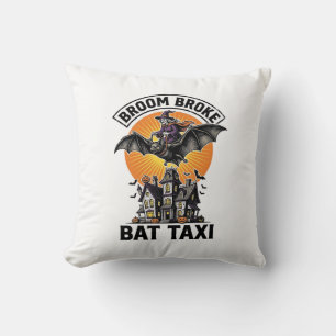 Funny Witch Halloween Broom Broke Bat Ride_1 Cushion