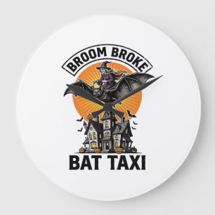 Funny Witch Halloween Broom Broke Bat Ride_1 Large Clock