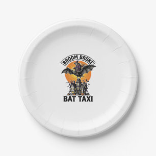 Funny Witch Halloween Broom Broke Bat Ride_1 Paper Plate