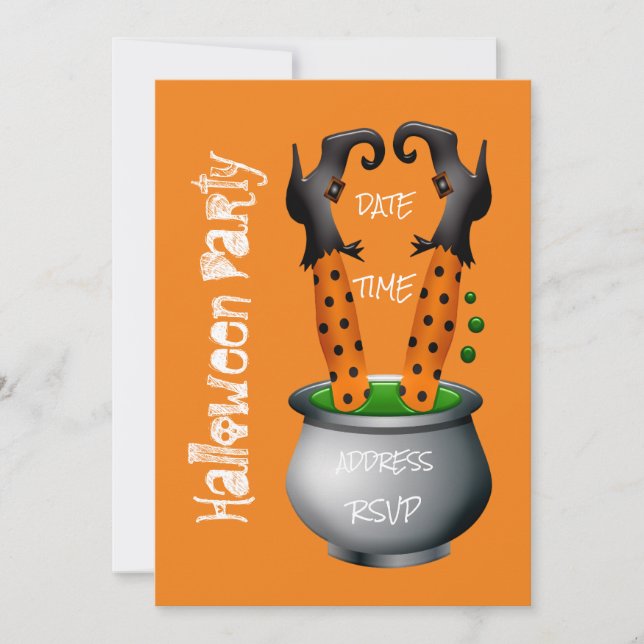 Funny witch in cauldron Halloween Party Invitation (Front)