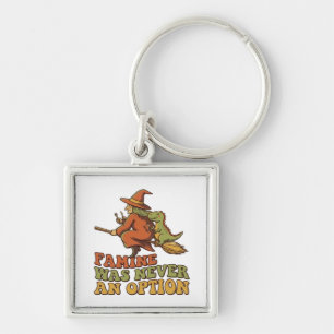 Funny Witch Riding Broom with Dinosaur Famine Was Key Ring