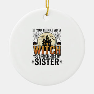 Funny Witch Sister Halloween Vintage Graphic_1 Ceramic Tree Decoration