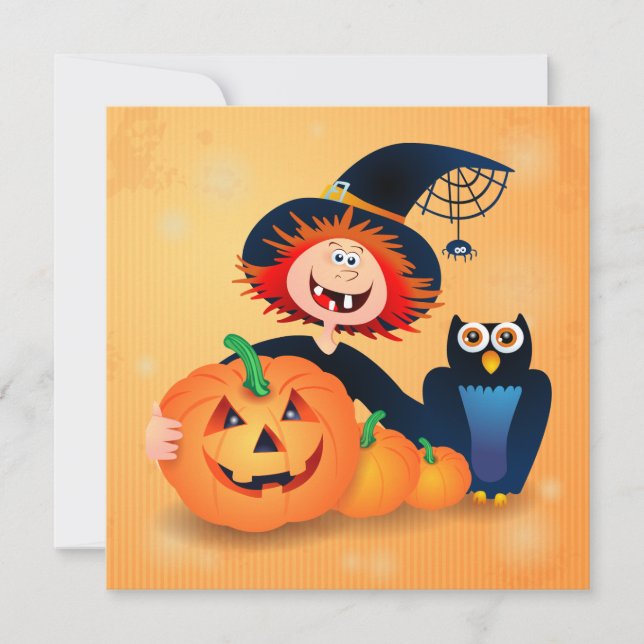 Funny witch with owl and pumpkins, invitation (Front)