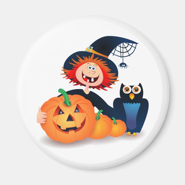 Funny witch with owl and pumpkins, magnet (Front)