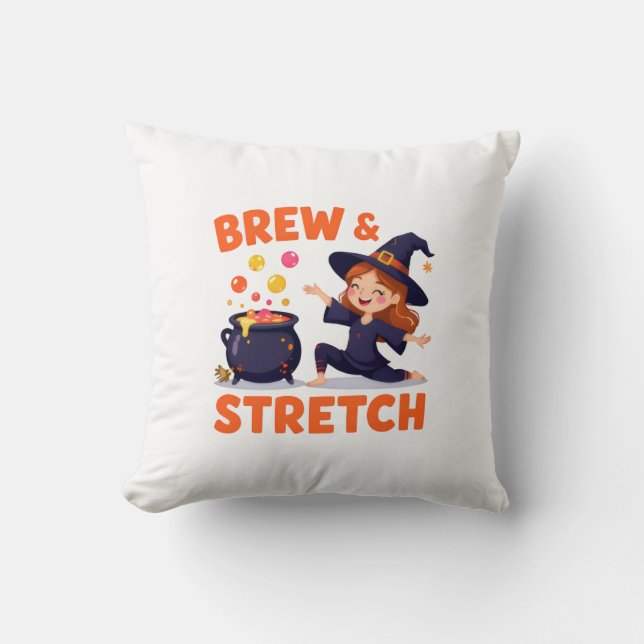 Funny Witch Yoga Design – "Brew & Stretch" Cartoon Cushion (Front)
