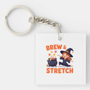 Funny Witch Yoga Design – "Brew & Stretch" Cartoon Key Ring