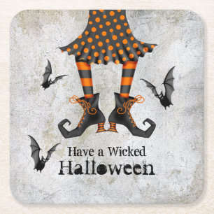 Funny Witch's Legs and Bats Wicked Halloween Square Paper Coaster
