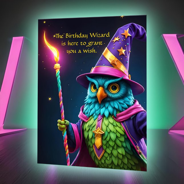 Funny Wizard Owl Grants Magic Birthday Wish Bright Card (Funny wizard owl over the hill humor:  A colorful birthday card with age template and magical vibe)