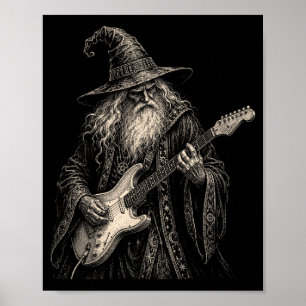 Funny Wizard Playing Electric Guitar Rock Music Poster