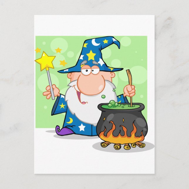 Funny Wizard Waving With Magic Wand And Preparing Postcard (Front)