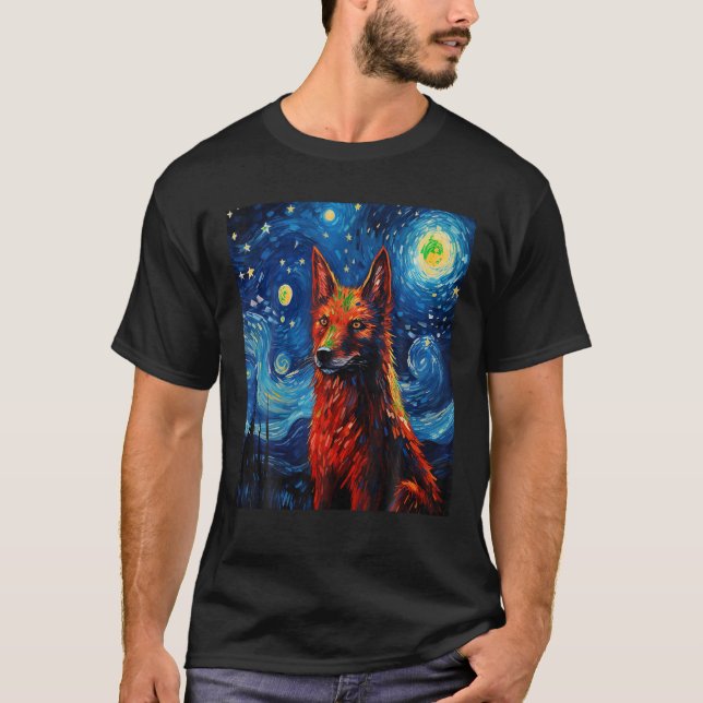 Funny Wolf art painting dog Lover Starry Night Wol T-Shirt (Front)