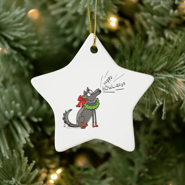 Funny Wolf Christmas Happy Howlidays Holiday Ceramic Tree Decoration (Tree)
