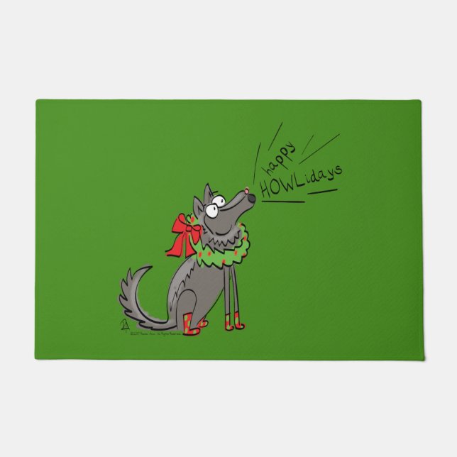 Funny Wolf Christmas Happy Howlidays Holiday Doormat (Front)