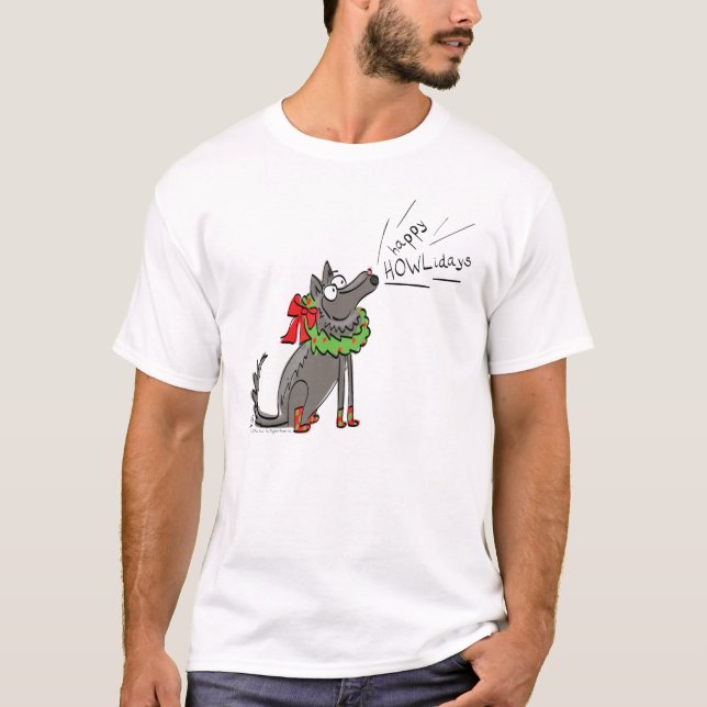 Funny Wolf Christmas Happy Howlidays Holiday T-Shirt (Front)