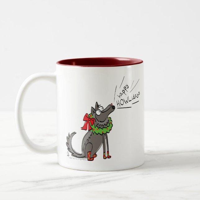 Funny Wolf Christmas Happy Howlidays Holiday Two-Tone Coffee Mug (Left)