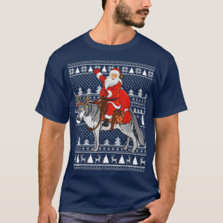 Funny Wolf Lover Santa Riding Wolf Ugly Christmas  T-Shirt