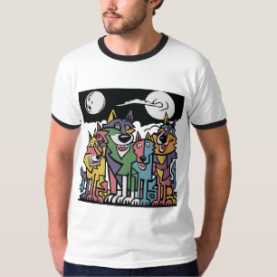 Funny Wolves and Full Moon Abstract Art T-Shirt