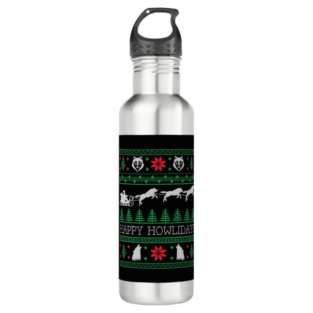 Funny Wolves Wolf Lover Ugly Christmas Sweater 710 Ml Water Bottle (Front)