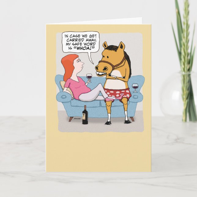 Funny Woman and Horse Drinking Wine Birthday Card (Front)
