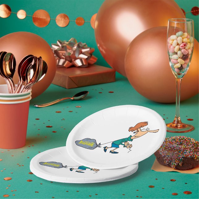 Funny Woman Carrying Emotional Baggage Paper Plate (Creator Uploaded)