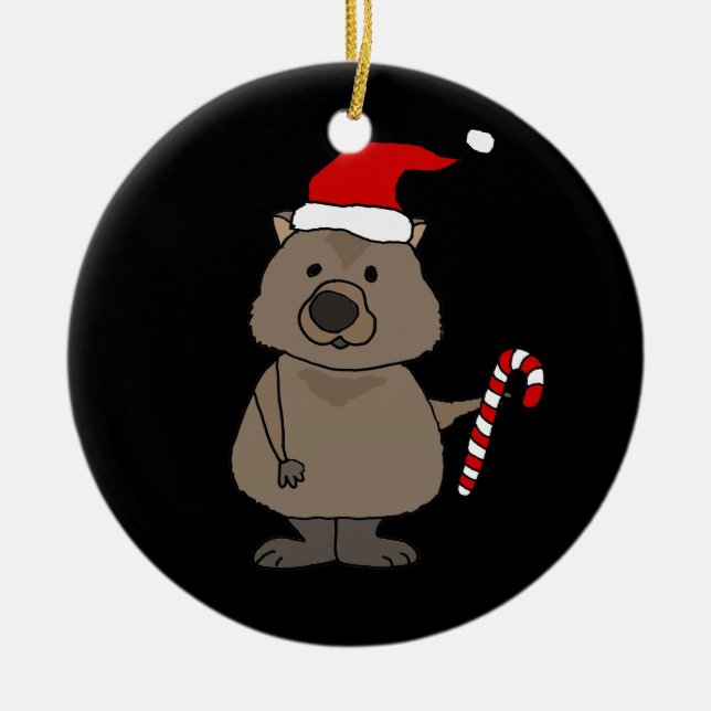 Funny Wombat in Santa Hat Christmas Ceramic Tree Decoration (Front)