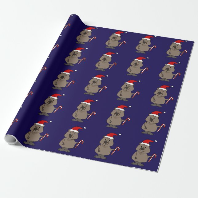 Funny Wombat in Santa Hat Christmas Wrapping Paper (Unrolled)