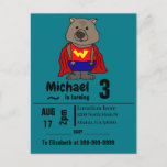 Funny Wombat Superhero Birthday Party Invitation Postcard<br><div class="desc">Cute funny wombat superhero in red cape original art birthday party invitation is fantastic for wombat lovers and superhero fans and animal lovers and for fun happy birthday celebrations. Invite your family and friends to your child's special Birthday Party and personalise invites by adding all your party details. Perfect for...</div>