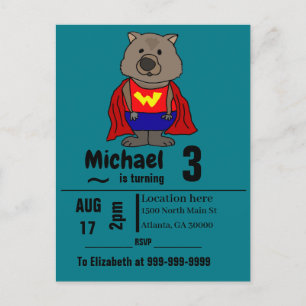 Funny Wombat Superhero Birthday Party Invitation Postcard