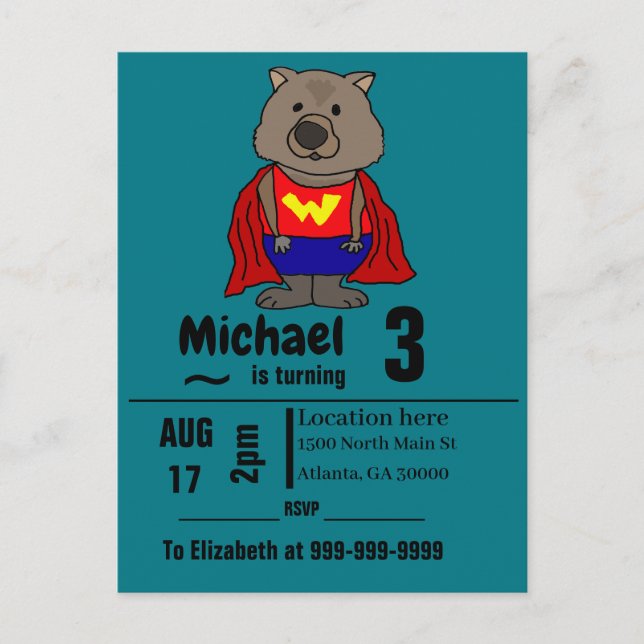 Funny Wombat Superhero Birthday Party Invitation Postcard (Front)