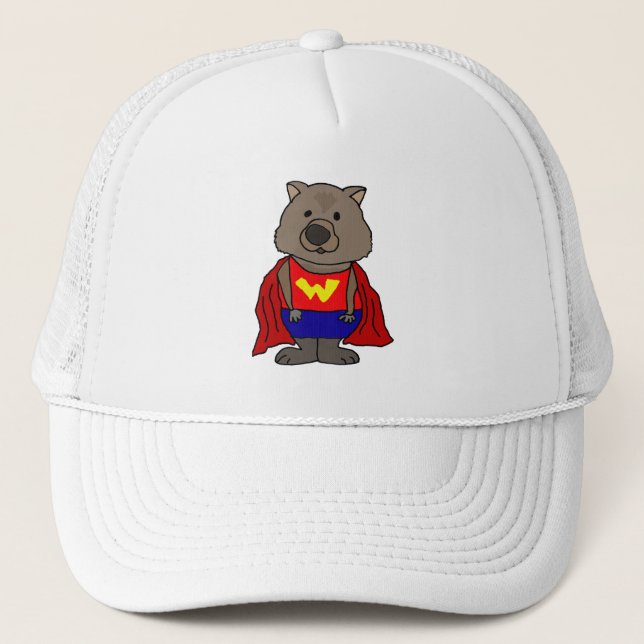 Funny Wombat Superhero Cartoon Trucker Hat (Front)