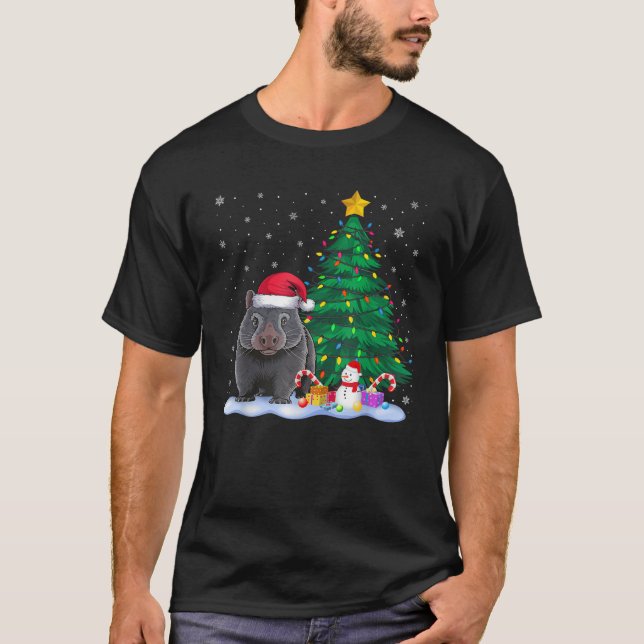 Funny Wombat Xmas Tree Lights Reindeer Hat Christm T-Shirt (Front)