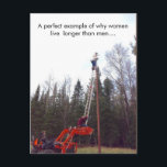 Funny Women (Woman) VS Men Postcard, Postcrossing Postcard<br><div class="desc">A perfect example of why women live longer than men... .
Using a tractor and ladder to change a lightbulb

Here is a funny postcard to send you your friends who collect postcards or need a little humour sent to them.  This is great for Postcrossing and/or Postcard United too.</div>