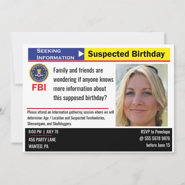 Funny Womens Birthday Suspect Seeking Information Invitation (Front)