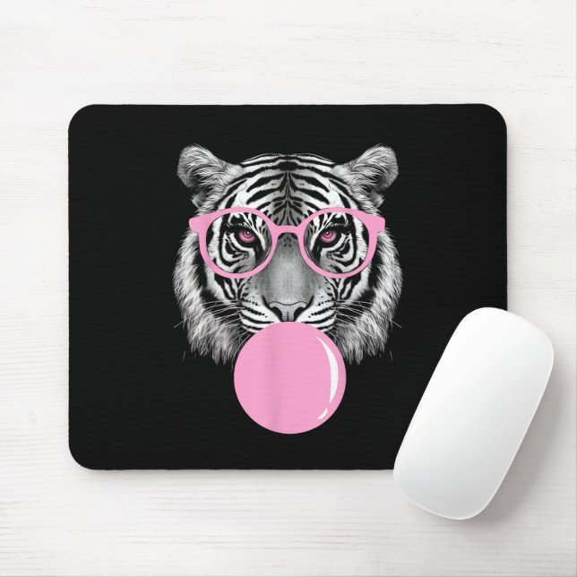 Funny Women's Tiger Glasses & Pink Bubble Gum Anim Mouse Mat (With Mouse)