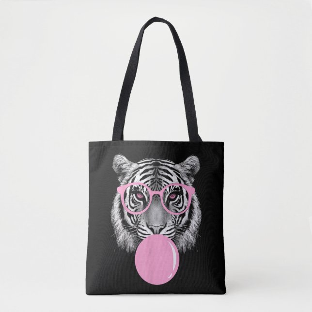 Funny Women's Tiger Glasses & Pink Bubble Gum Anim Tote Bag (Front)