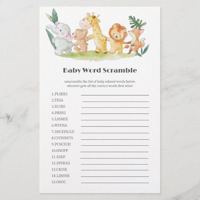 Funny woodland animals Baby Shower Word Scramble  (Front)