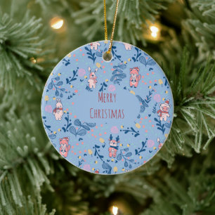 Funny Woodland Friends Blue Winter Forest Pattern Ceramic Tree Decoration