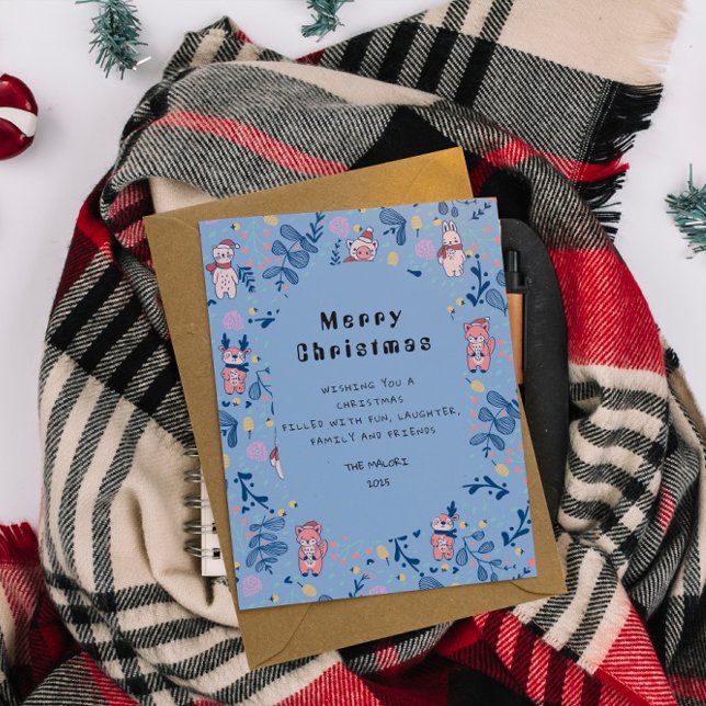 Funny Woodland Friends  Blue Winter Forest Pattern Postcard (Creator Uploaded)