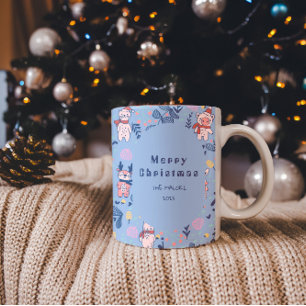 Funny Woodland Friends  Blue Winter Forest Pattern Two-Tone Coffee Mug