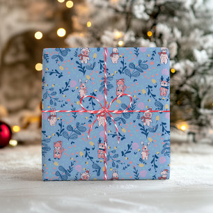 Funny Woodland Friends  Blue Winter Forest Pattern Wrapping Paper