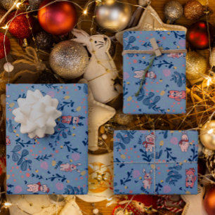 Funny Woodland Friends Blue Winter Forest Pattern Wrapping Paper Sheet