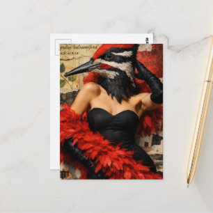 Funny Woodpecker in a black dress fantasy collage Postcard