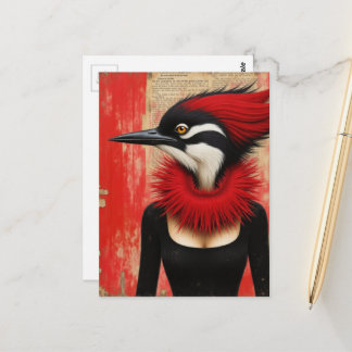 Funny Woodpecker in a black dress mixed media art Postcard