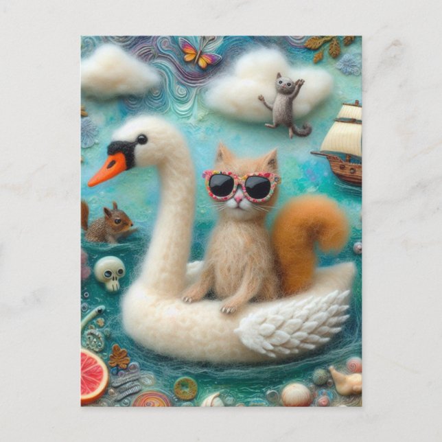 Funny Woolie Swan Float With a Cat Postcard (Front)